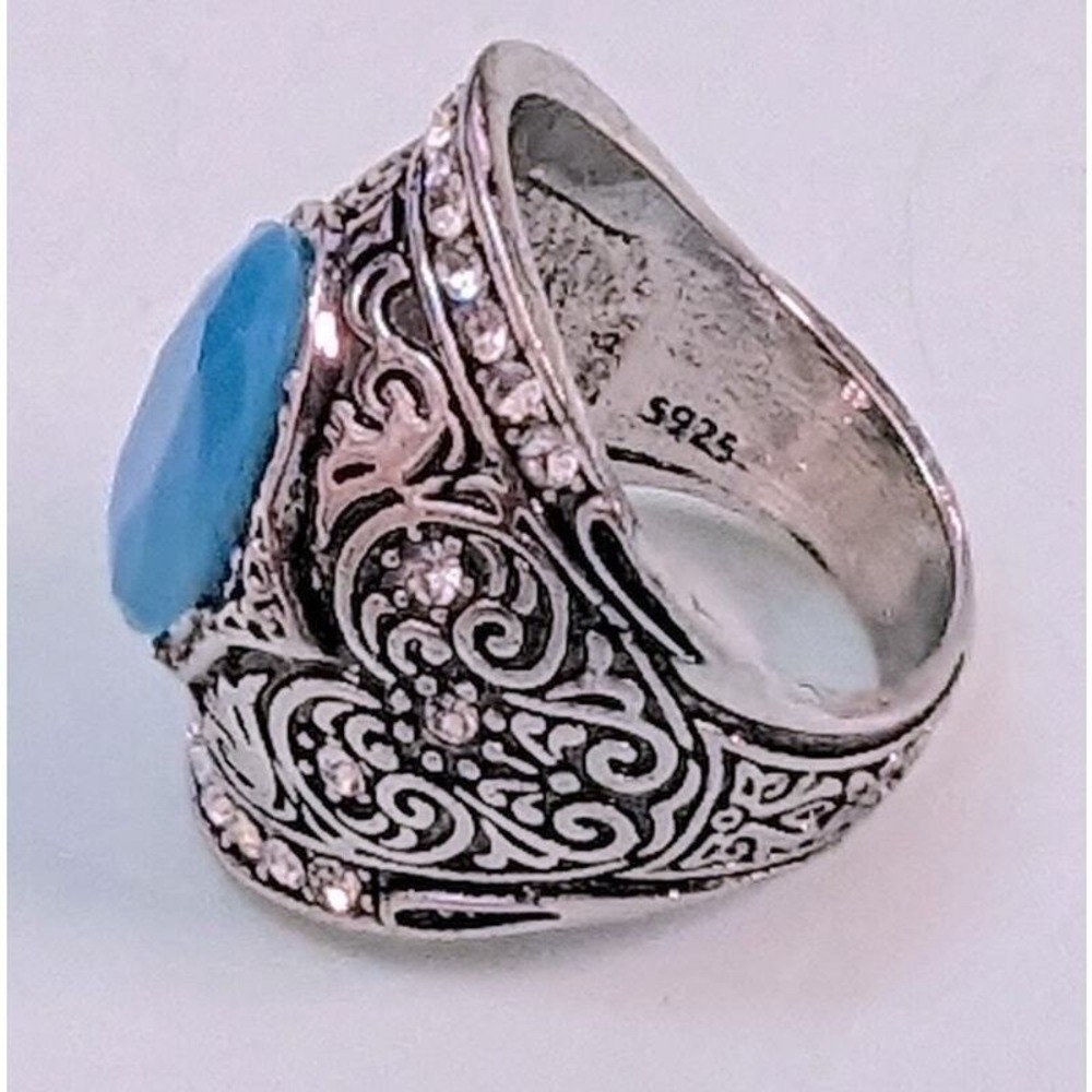 New Silver Tone Statement Ring Size 7 Aqua Blue Teal Rhinestones Filigree Ornate